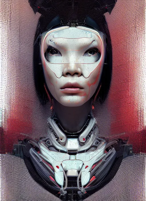 Image similar to portrait of a futuristic geisha cyborg, made from million point clouds, in the style of ghost in the shell, kintsugi, modern fine art, fractal, intricate, elegant, highly detailed, digital photography, subsurface scattering, by jheronimus bosch and greg rutkowski,