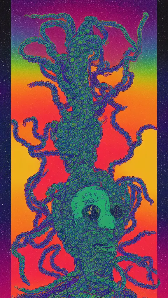 Prompt: a portrait of a lernaean hydra with human heads on an acid trip in a multicoloured rainbow in the cosmos, flat design, screen print by Kawase Hasui and dan hillier, 8k unreal engine
