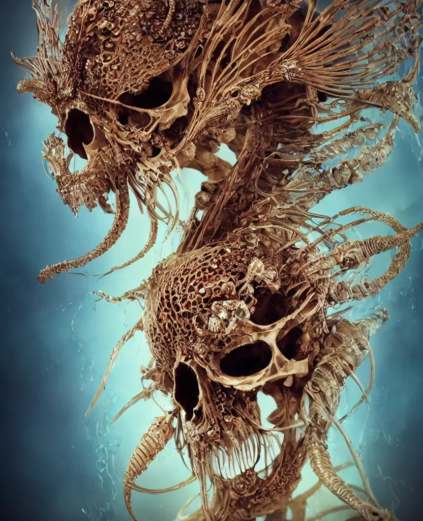 Prompt: close-up macro portrait of the face of a beautiful princess with animal skull mask, epic angle and pose, ribcage skeleton symmetrical artwork, 3d with depth of field, blurred background, cybernetic jellyfish female face skull phoenix bird, translucent, nautilus, energy flows of water and fire. a highly detailed epic cinematic concept art CG render. made in Maya, Blender and Photoshop, octane render, excellent composition, cinematic dystopian brutalist atmosphere, dynamic dramatic cinematic lighting, aesthetic, very inspirational, arthouse. y Greg Rutkowski, Ilya Kuvshinov, WLOP, Stanley Artgerm Lau, Ruan Jia and Fenghua Zhong