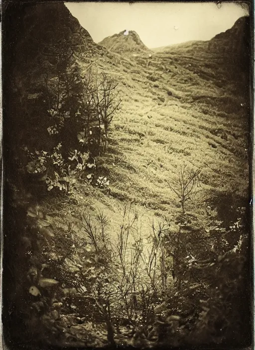 Image similar to old wetplate daguerreotype landscape of the high hills in the sun with black metal monoliths, dubbel negative exposure, explosion of data fragments, fractal, intricate, elegant, highly detailed, parallax, leica, medium format, subsurface scattering, by jheronimus bosch and greg rutkowski and louis jacques mande daguerre
