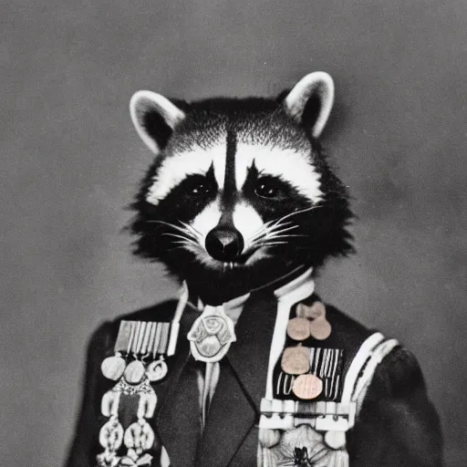 Prompt: vintage photograph of a noble raccoon, dressed in formal military costume with many medals on his chest