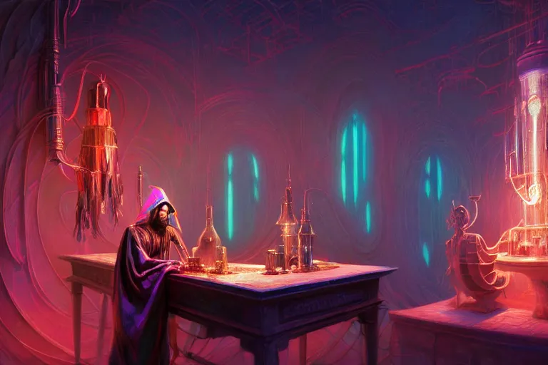 Prompt: a highly detailed beautiful masterpiece painting of a technomancer wizard in robes with pointed hood discussing sentience with his synthesized AI djinn in his laboratory near a computer by Remedios Varo and Anato Finnstark and Greg Rutkowski, dayglo pink, dayglo blue, dazzle camouflage, 8k, trending on ArtStation, rendered in Octane, volumetric lighting