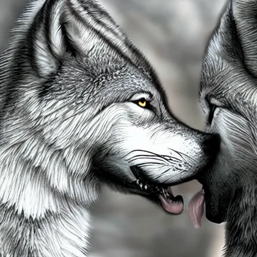 Image similar to two wolf girls kissing, detailed, realistic