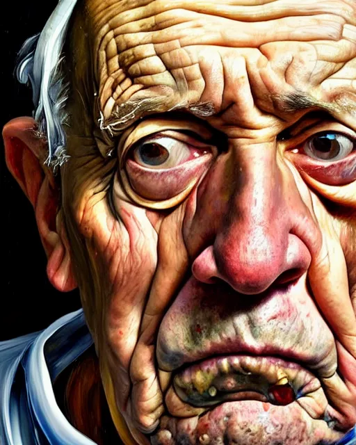 Prompt: an extreme close up portrait a very ordinary old man with an angry expression, side angle, by Lucian Freud and Jenny Saville, oil painting, anatomically correct, beautiful perfect face, visible brushstrokes, sharp focus, Highly Detailed, Cinematic Lighting, 8k, HD