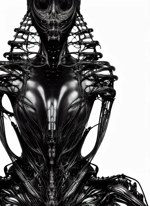 Image similar to iris van herpen gothic inflateble dark dress, perfect symmetrical body, helmet on face, full body shot, alien, plant predator, guyver, giger, wires, tubes, veins, jellyfish, white biomechanical details, wearing epic bionic cyborg implants, masterpiece, intricate, biopunk, vogue, highly detailed, artstation, concept art