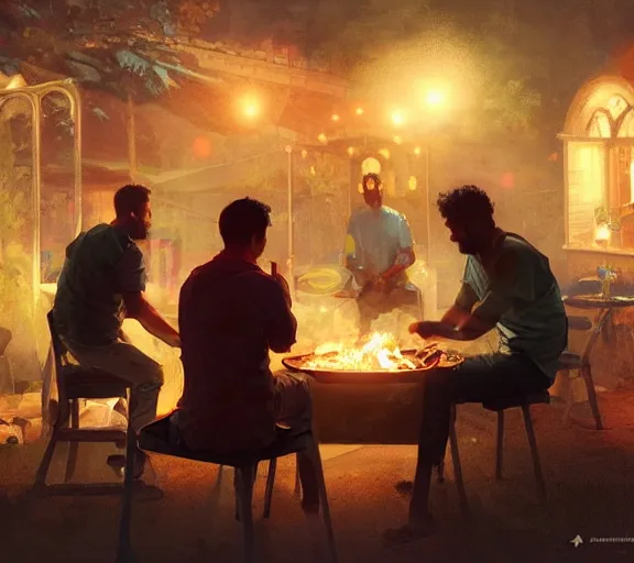 Image similar to three guys in night at the yard speaking while grilling kebabs and one guy playing guitar, volumetric lighting, glowing lights, 4k, octane, digital painting, artstation, concept art, sharp focus, illustration, cinematic film still, art by artgerm and greg rutkowski and alphonse mucha ,