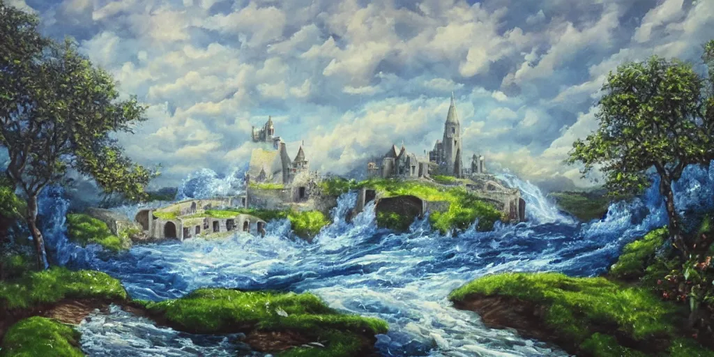 Image similar to <https://s.mj.run/S3Pu0N> oil painting, medieval fantasy, background of an isle with ancient castle ruin overrun with blue chaos magic, apple trees, apples, waterfalls, ponds, statues of heroes, golden::0.3 cloudy sky with many shimmering stars, goddesses in white::0.7 flowing silk dress, moody lighting, by brian froud and wayne barlowe and beeple::0.2, cg society, DSLR, trending on Artstation Unreal Engine VRay, octane 8k, phantasmagoric, hyperrealism, fresnel effect, very very detailed