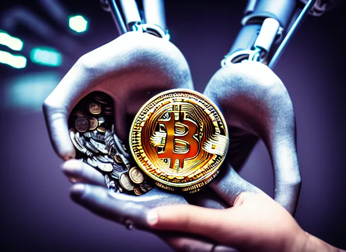 Prompt: mechanical cybernetic hand holding a pile of bitcoins. centered. horror cyberpunk. highly detailed 8 k. intricate. nikon d 8 5 0 3 5 mm. award winning photography.