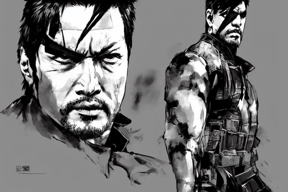 Image similar to a full - body portrait of chow yun - fat, in yoji shinkawa's art style, metal gear solid art style highly detailed, 4 k, artistic, white background, b & w