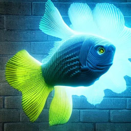 Prompt: a hyperrealistic 3 d octane render of a fish made entirely of gigantic mandelbrot fractals, unreal engine, dramatic lighting, volumetric lighting, backlit, vray lighting, ray tracing, ultra detailed, photorealism, neon, glowing