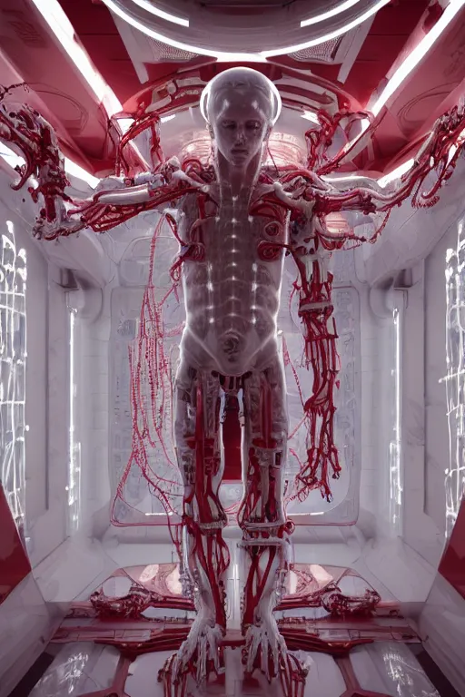 Image similar to high detailed white space station interior a statue jesus on cross made of red marble, perfect symmetrical body, full body shot, inflateble shapes, wires, tubes, veins, jellyfish, white biomechanical details, wearing epic bionic cyborg implants, masterpiece, intricate, biopunk, vogue, highly detailed, artstation, concept art, cyberpunk, octane render