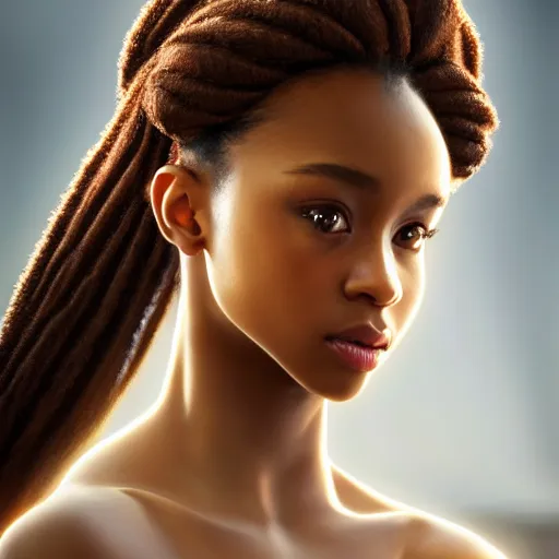 Image similar to a photorealistic hyperrealistic, bright brown eyes, light skinned african american young girl, ponytail hair, flawless face, beautiful lips, cute face, gorgeous white veil, by wlop, artgerm, greg rutwoski, alphonse mucha, beautiful dynamic dramatic low - light moody lighting, cinematic atmosphere, artstation, concept design art, octane render, 8 k