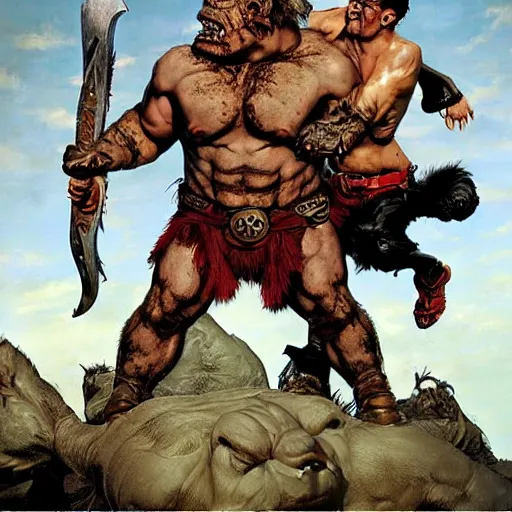 Prompt: grinning hybrid [ bulldog and man ] barbarian, fantasy warrior, drooling, ultra detailed, 4 k, style of norman rockwell, style of richard corben.