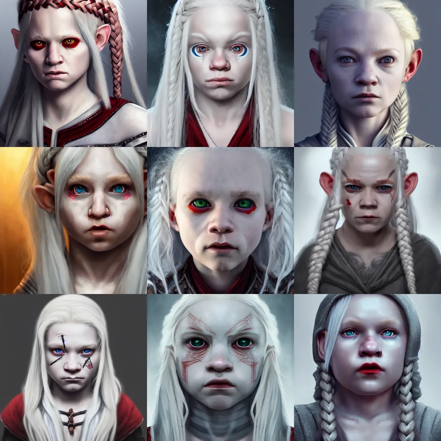 Prompt: realistic portrait of a young albino female halfling with white - braided - hair!!! and a grey cloak and geometric - facial - tattoos!!!!!!!!!! and red - eyes, haunted sad expression, artstation, cinematic lighting, hyper - detailed 8 k