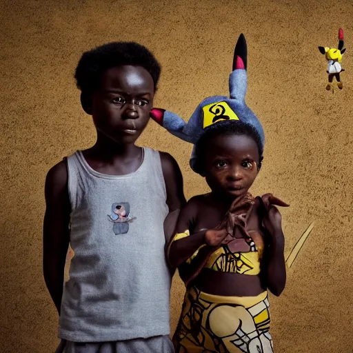 Image similar to a small african boy and an girl wearing a pikachu costume, movie still from tank girl, wide angle shot, ultra detailed, portrait, in the style of studio ghibli and roger ballen,