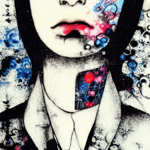 Image similar to yoshitaka amano blurred and dreamy realistic three quarter angle portrait of a young woman with black lipstick and black eyes wearing blazer and shirt with tie, junji ito abstract patterns in the background, satoshi kon anime, noisy film grain effect, highly detailed, renaissance oil painting, weird portrait angle, blurred lost edges