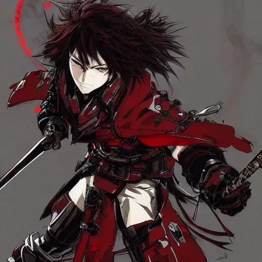 Image similar to an anime man with dark red hair, wearing samurai armor, drawn by yoji shinkawa, sci - fi, highly detailed,