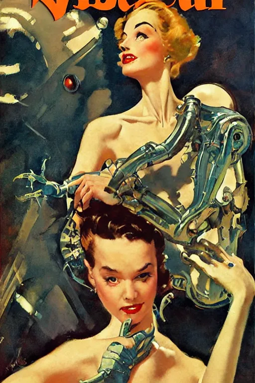 Image similar to 5 0 s pulp scifi fantasy illustration full body portrait elegant woman with biomech arms, by norman rockwell, daniel gerhartz, jack kirby, earle bergey, ruan jia, jason fabok, tom lovell, dean cornwell, raymond swanland, astounding stories, amazing, fantasy, other worlds