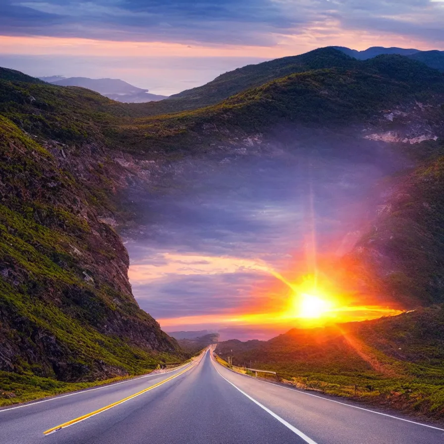 Image similar to a highway road leading to the horizon down a rocky mountain coast, the sunset is a pulsating heart of light. atmospheric good vibes