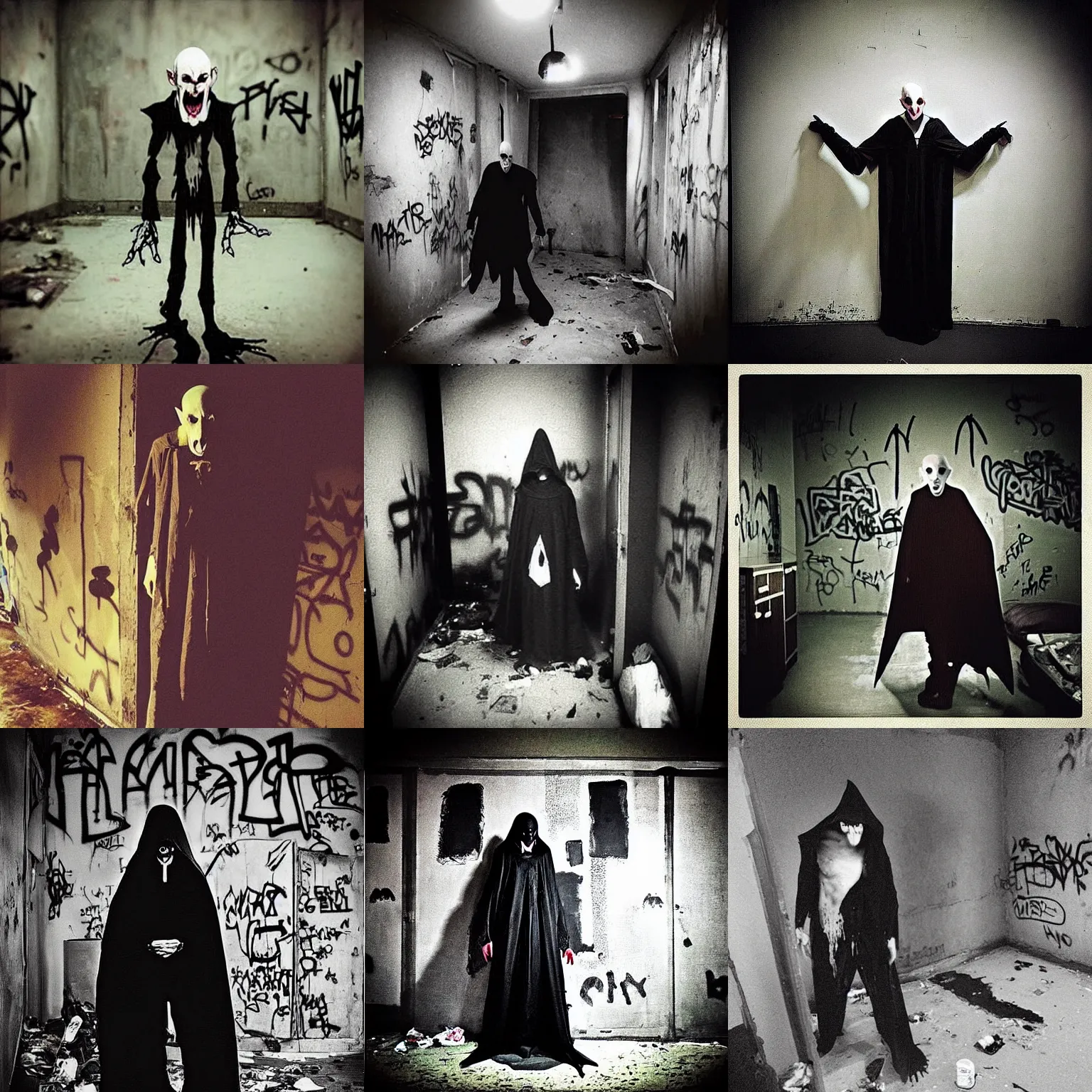 Prompt: “evil Nosferatu vampire standing in a dark dirty filthy bedroom with walls covered in graffiti and the ground littered in garbage and filth”