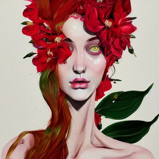 Image similar to surreal gouache paintingby conrad roset, female head with flowers growing out, portrait, cgsociety, artstation, rococo dreamycostume and grand headpiece,