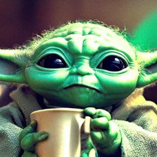 Prompt: baby yoda drinking green tea