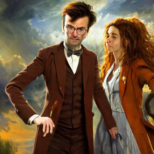 Image similar to david tennant as tenth doctor who and hermione granger in tardis, highly detailed, artstation, concept art, fantasy, smooth, sharp focus, illustration, perfect face, art by nikolay makovsky, jacek malczewski, arthur hughes, edward okun, franz xaver winterhalter