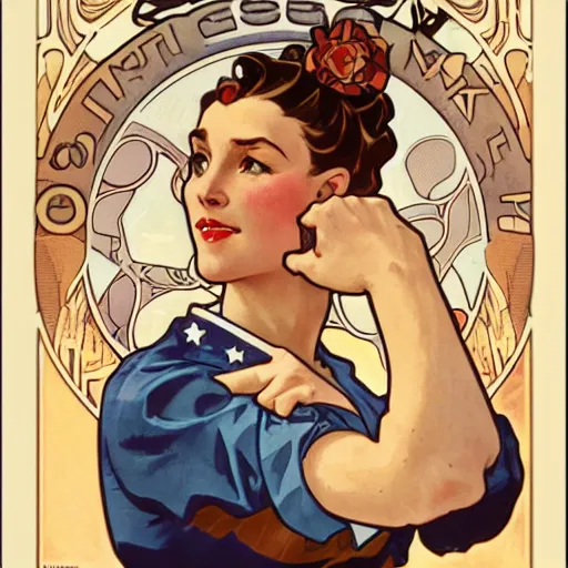 Image similar to a portrait of Rosie the riveter by Alphonse Mucha, art nouveau card, concept art, wlop, trending on artstation, 8k