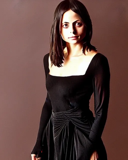 Image similar to style of claude lorrain : : gorgeous willa holland : : evil witch, swirling black magic, black dress : : symmetrical face, symmetrical eyes : : full body pose : : gorgeous black hair : : magic lighting, low spacial lighting : :