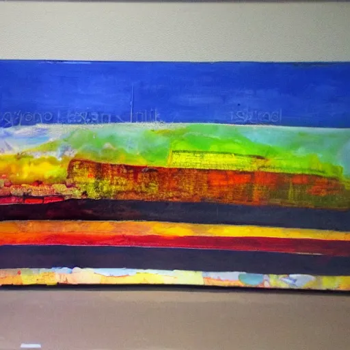 Prompt: an abstract painting of fields of colur with a mixed media construction on top,