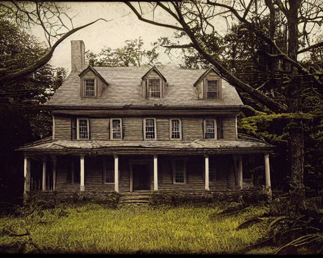 Prompt: ultra realistic color photo of a spooky two storey colonial home in the overgrown new england countryside in 1 9 2 5, highly detailed, dark, atmospheric, brooding, lovecraft, in the style of paul carrick