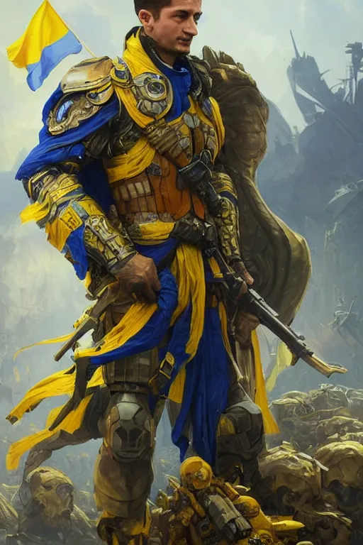 Image similar to shot of Vladimir Zelenskiy as a super soldier with Ukrainian blue and yellow flag on his back, handsome, fantasy, intricate, pile of skulls under his feet, elegant, highly detailed, digital painting, artstation, concept art, smooth, sharp focus, illustration, art by artgerm and greg rutkowski and alphonse mucha