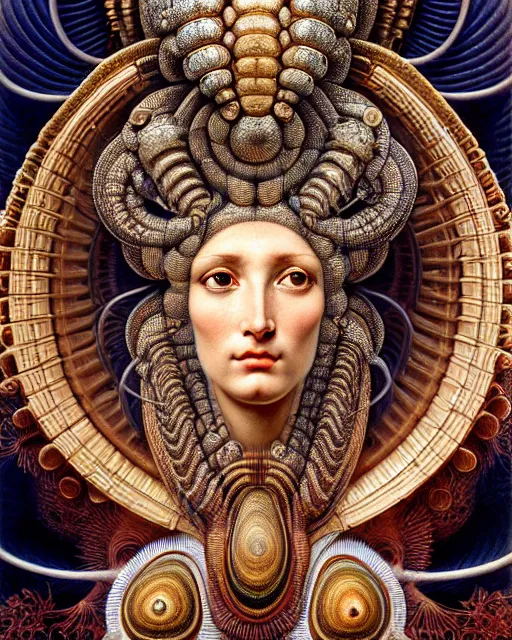 Image similar to hyperrealistic detailed face portrait of the beautiful goddess of the giant isopods with an intricate golden ornamental geometrical giant isopod headdress, art by ernst haeckel, john william godward, android jones, h. r. giger, gothic - cyberpunk, ornamental, dimmed pastel colours,