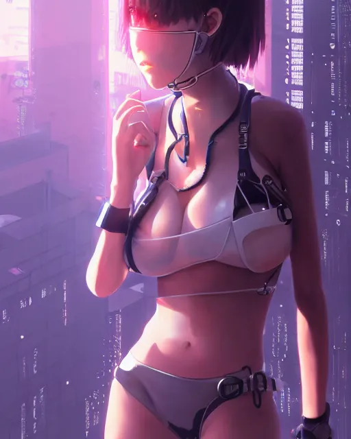 Image similar to kyoto animation, cool girl wearing cyberpunk mechanical futuristic bikini, respirator, detailed portrait, cell shaded, 4 k, concept art, by wlop, ilya kuvshinov, artgerm, krenz cushart, greg rutkowski, pixiv. cinematic dramatic atmosphere, sharp focus, volumetric lighting, cinematic lighting, studio quality