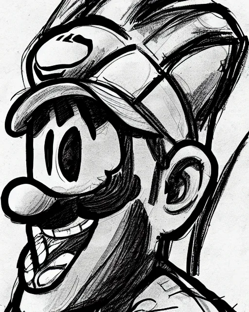 Image similar to super mario on the stand, court room sketch, fine details, concept art, extremely detailed, black and white, very sharp, in the style of elizabeth williams