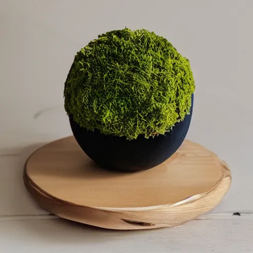 Prompt: photo of kokedama moss ball planter by window