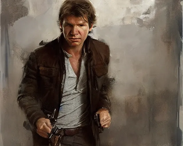 Image similar to portrait of young han solo young harrison ford in shades of grey but with brown by jeremy mann