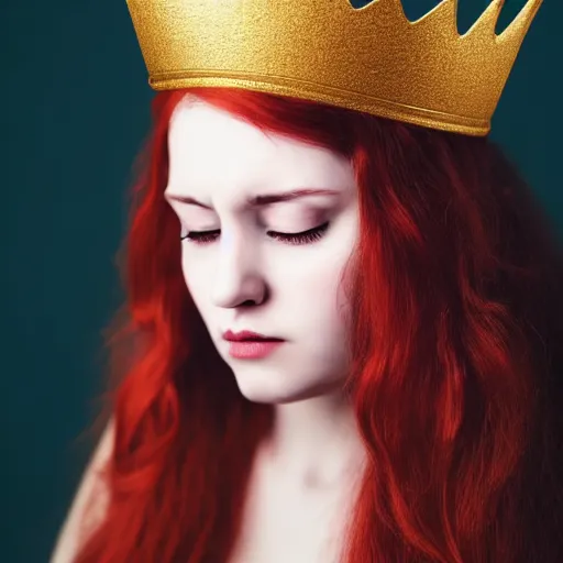 Prompt: face of a sad beautiful lady which has a golden crown on her head and silky red hair