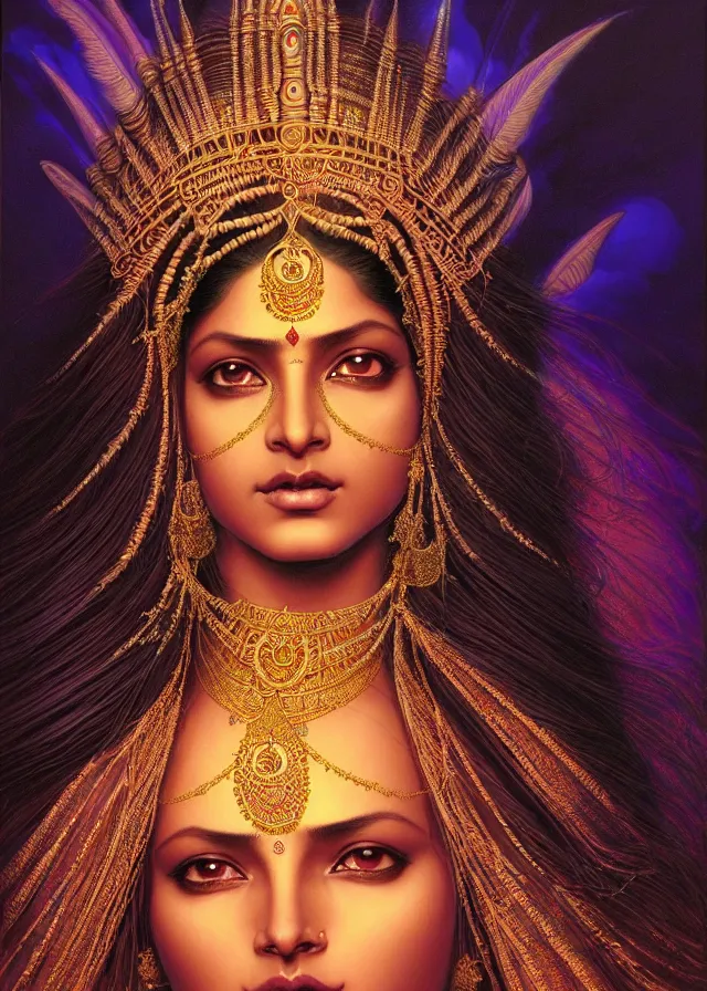 Prompt: Painting of a beautiful indian princess, stunning 3d render inspired art by P. Craig Russell and Barry Windsor-Smith + perfect facial symmetry + dim volumetric lighting, vibrant dark wavy hair, ornate flowing silvered robes, dizzy, full body, 8k octane beautifully detailed render, post-processing, extremely hyperdetailed, intricate, epic composition, grim yet sparkling atmosphere, cinematic lighting + masterpiece, trending on artstation, very very detailed