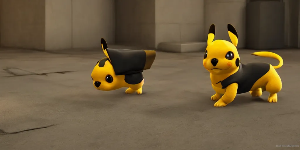 Image similar to a puppy that looks like a pikachu, unreal 5, hyperrealistic, realistic, photorealistic, dynamic lighting, highly detailed, cinematic landscape, studio landscape, studio lighting