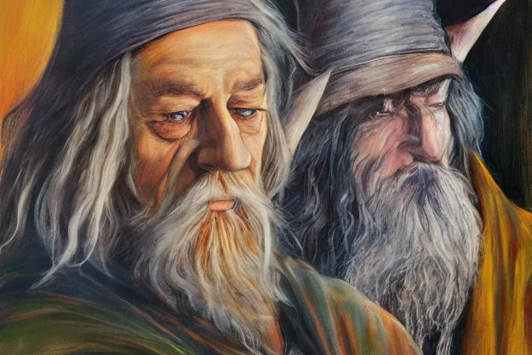 Prompt: gandalf and frodo painted in the style of francis bacon, expressionist, 4 k, realistic