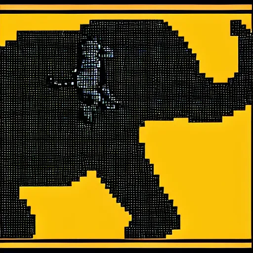 Image similar to a pixelated 1 bit elephant, infront of the elephant is a pixelated 1 bit golden sword.