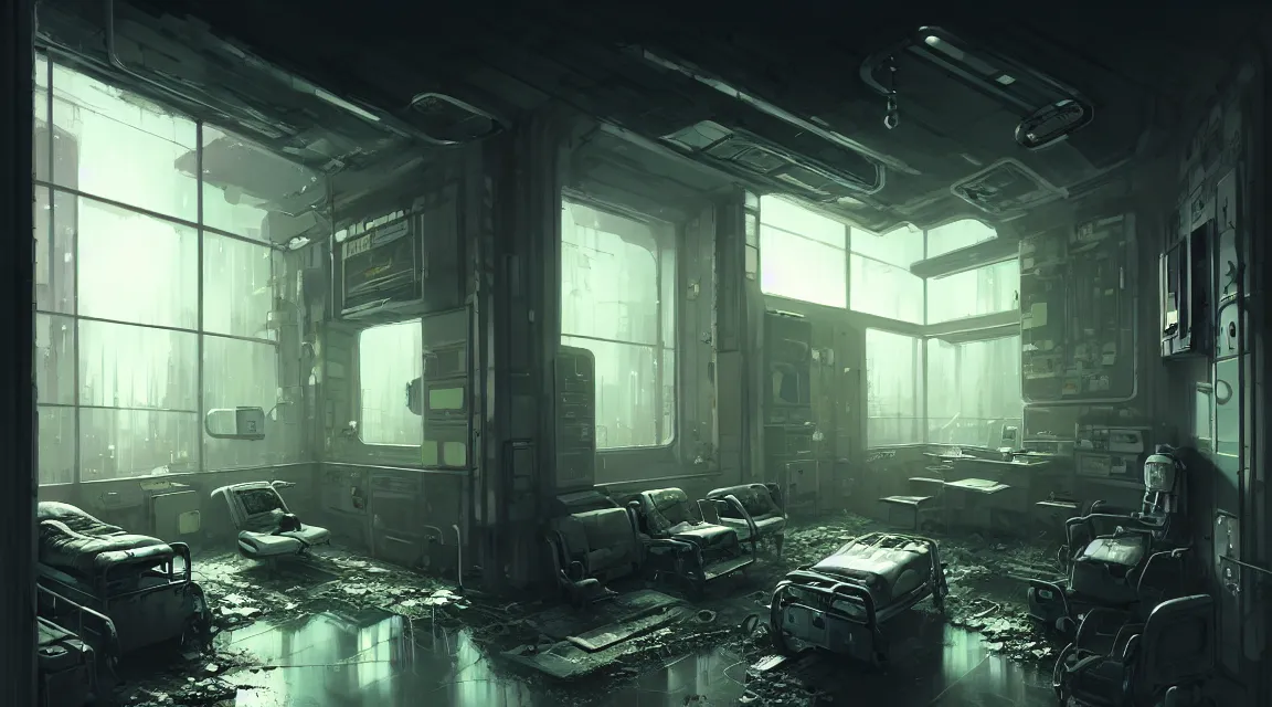 Image similar to post apocalyptic room interior, hospital interior, human silhouette, furniture, interior decoration, by pascal blanche, neil blevins, trending on artstation, photorealistic, hyper detailed, hyper realistic, cyberpunk