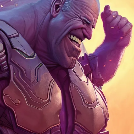 Image similar to joe biden is thanos, fantasy, high detail, elegant, digital painting, cinematic lighting, textured skin, highly detailed, artstation, unreal engine 5, breathtaking, illustration, ilya kuvshinov, nikolay makovsky