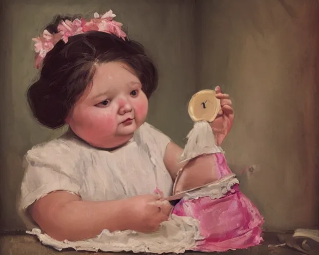 Image similar to very stylized old photo portrait of a fat sweet little girl painting a doll on the wall, full body. long shot. beautiful hands, flowery cloth. subsurface scattering shiny skin. beautiful lighting, 4 k post - processing, trending in art station, cg society, highly detailed, 5 k extremely detailed, 3 d. cinematic scene. sharp details. bokeh