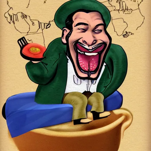 Prompt: caricature of ruler of the world, sit on an atlas, funny face, laughing, many foods around, cartoon