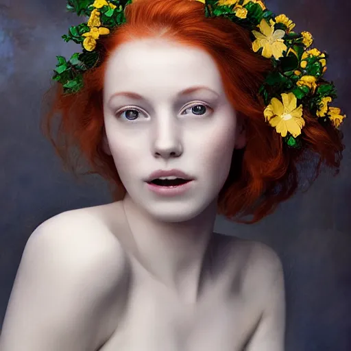 Image similar to !dream Fine art photo of the most beautiful woman, she is redhead, she is posing while maintain a sweet eye contact to the camera, she has a crown of flowers, she has perfect white teeths, the photo was taking by Annie Leibovitz, matte painting, oil painting, naturalism