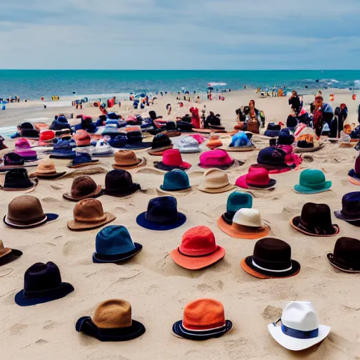 Prompt: photo of alot of people selling hats in the beach, 8K