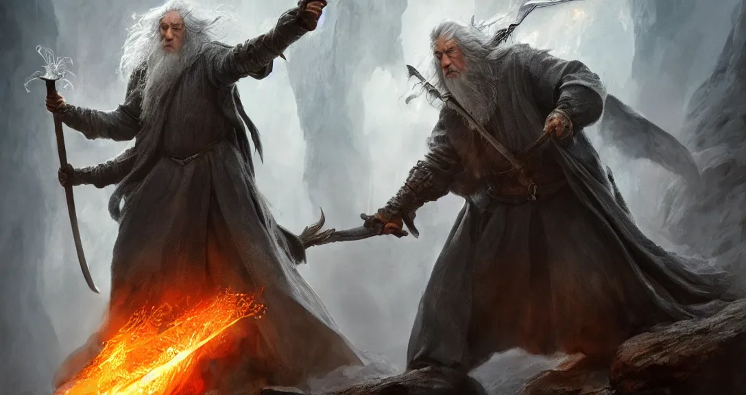 Image similar to gandalf the grey as a balrog, lava, fire, flaming sword, intricate, detailed, volumetric lighting, scenery, digital painting, highly detailed, artstation, sharp focus, illustration, concept art, ruan jia, steve mccurry