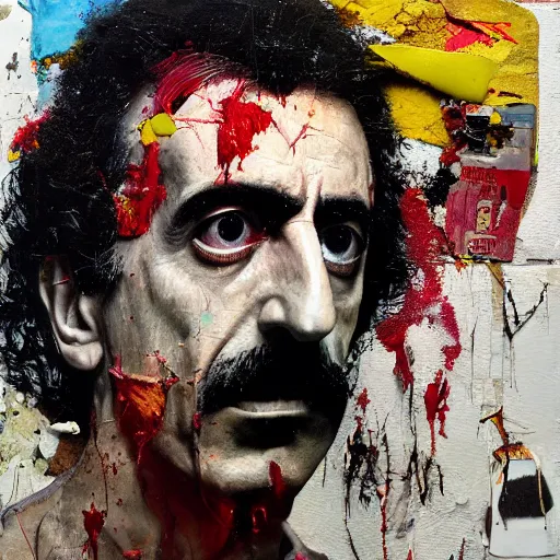 Image similar to hyperrealistic, photorealistic, mixed media oil painting of frank zappa, magazine scraps, plaster, blood, oil, mustard, splatter, greg rutkowski, basquiat, ralph steadman, wesley kimler, terry gilliam, andy warhol, dali